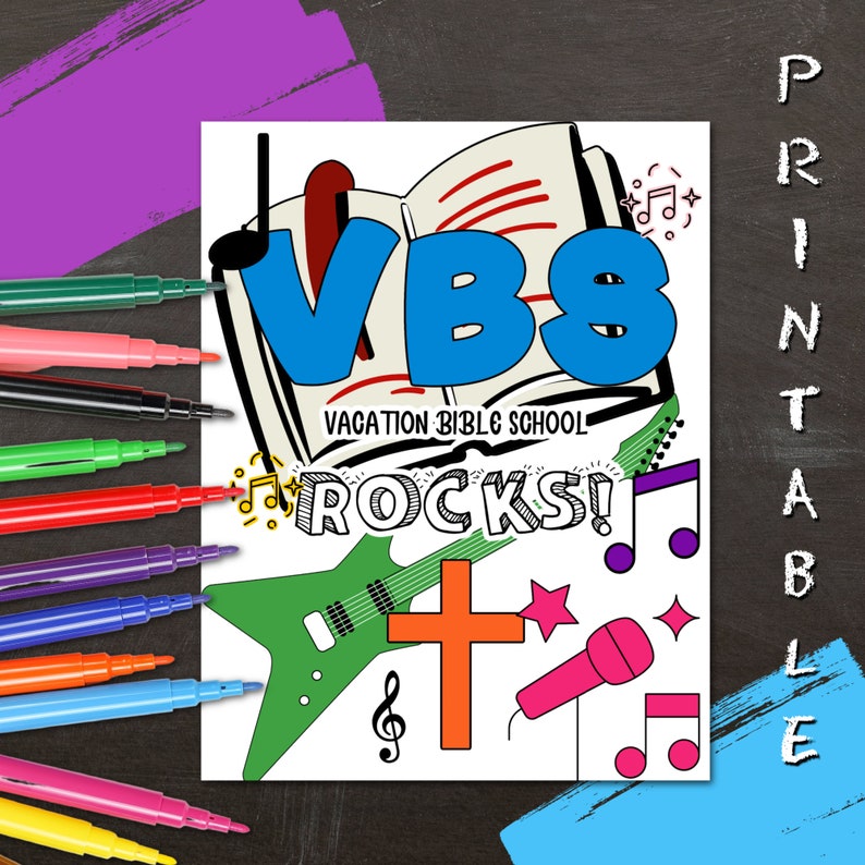 May include: A printable coloring page featuring the text "VBS Rocks!" with a guitar, microphone, cross, and musical notes. The text "Vacation Bible School" is also included.