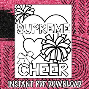 Op de afbeelding: Zwart-witte printbare kleurplaat met de woorden "Supreme Cheer" met een hart en cheerleading pompoenen.