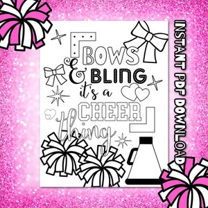 Puede incluir: Página para colorear imprimible en blanco y negro con el texto "Bows & Bling it's a Cheer thing" con pompones de animadora, un lazo, una estrella y un megáfono.