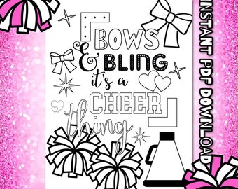 Cheerleading Color page. Printable. Cheerleader. Team bonding activity. Squad. Bows and Bling. Color. All-star. Cheer coach. Cheer mom