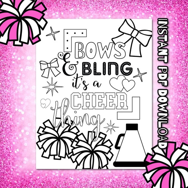 Cheerleading Color page. Printable. Cheerleader. Team bonding activity. Squad. Bows and Bling. Color. All-star. Cheer coach. Cheer mom