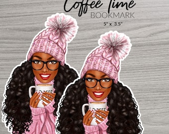 Melanin Woman Bookmark: Coffee Time, Pink Winter Hat (5x3.5 in)