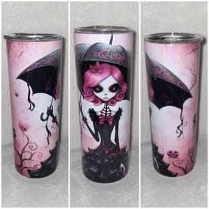 Pink Umbrella Ghoul 20oz Shimmer Skinny Tumbler, Pink Halloween, Pink Ghoul Halloween tumbler, pink Halloween mug