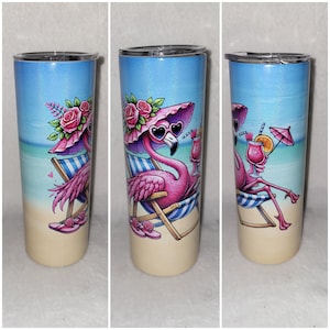 Gobelet skinny scintillant Beach Flamingo 20 oz - Mug flamant rose - - Art flamant rose - Flamant rose sur la plage
