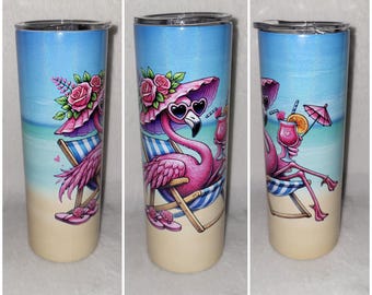 Beach Flamingo 20oz Shimmer Skinny Tumbler - Flamingo mug - -Flamingo art - Flamingo on the beach