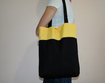 Black and Yellow stylish elegant Canvas tote bag drawings motiff cats shoulder bag casual fashion vegan eco friendly cotton 100% handmade