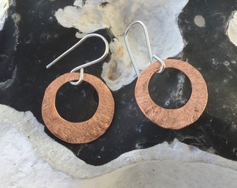 Dangle copper earrings,circle copper earrings, hammered copper and silver earrings