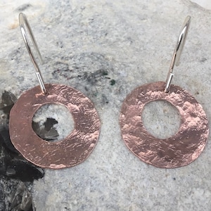 Creole copper earrings,disc copper earrings, hammered copper and silver earrings