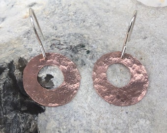 Creole copper earrings,disc copper earrings, hammered copper and silver earrings