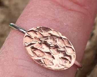 Hammered copper ring, Structure copper ring, silver and copper disc ring