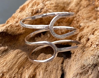 Triple stack ring, hammered spiral silver ring, swirl silver ring, Silver wire ring