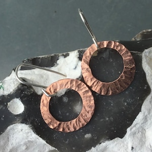 Hammered copper hoops,circle copper earrings, hammered copper and silver earrings