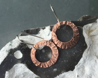 Hammered copper hoops,circle copper earrings, hammered copper and silver earrings