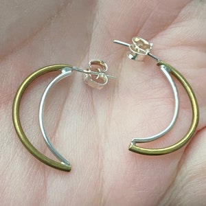 Moon earrings,crescent studs, Half moon earring,Brass und silver studs,Half circle studs