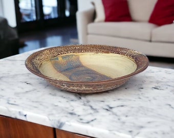 Agateware Large Handmade Pottery Bowl with Olive Wood Serving Set  - Salad Bowl - Serving Bowl - Stoneware Serving Bowl - Ceramic Bowl