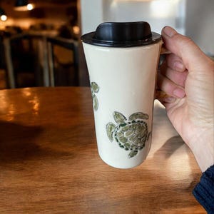 Hand Painted Turtle Travel Mug – 16 oz Ceramic To-Go Cup – Handmade in USA – Microwave & Dishwasher Safe – BPA-Free Locking Lid