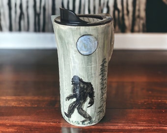 Handmade Hand-Painted Bigfoot Travel Mug- Pottery Mug -  Coffee Mug