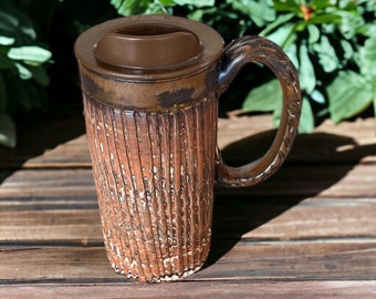 Cinnamon Glazed Heavily Fluted Agateware Handmade 16-Ounce Travel Mug - Stylish Pottery with Locking Lid for Your On-the-Go Sips