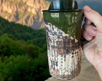 Agateware 16 Ounce Chrome Handmade Travel Mug with Lid - Stylish and Functional Pottery for Your Commute - Unique Travel Coffee Cup