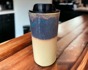 Handmade 16-Ounce Waterfall Turquoise Glaze Travel Mug - Stylish and Unique Pottery for Your On-the-Go Coffee Moments