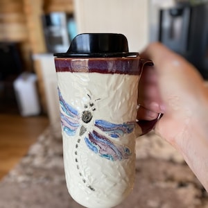 Made to Order - Handmade Porcelain Travel Mug: Carved Dragonfly Design, Locking Lid