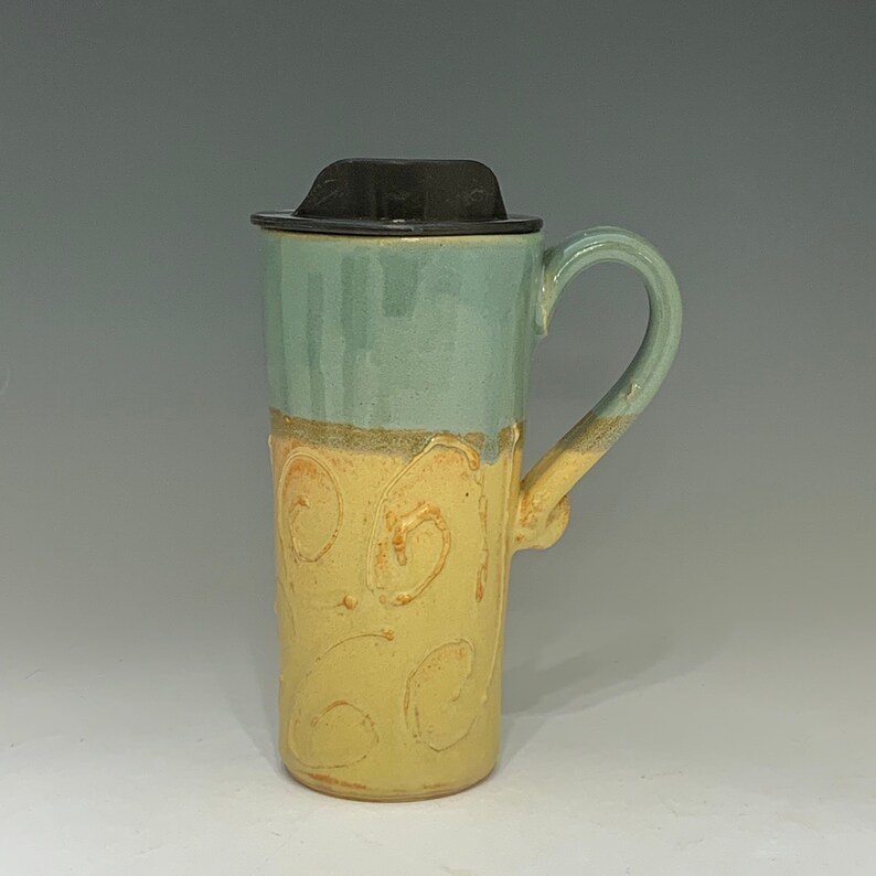 Travel Coffee Mug Sage and Gold Handmade Travel Mug With Lid Pottery Mug Commuter Pottery Mug Travel Coffee Cup