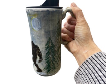 Handmade Hand-Painted Bigfoot Travel Mug- Pottery Mug -  Coffee Mug