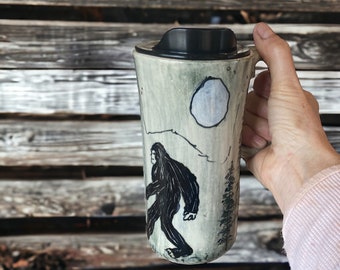 Handmade Hand-Painted Bigfoot Travel Mug- Pottery Mug -  Coffee Mug