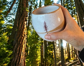 Chic White Speckled Handlesss 16-Ounce Stoneware Pottery Mug with Douglass FirTree Art - Unique and Stylish Handcrafted Drinkware