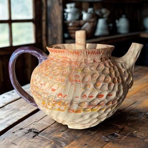 May include: A handcrafted ceramic teapot with a textured, carved surface. The teapot features a bulbous body with a purple handle and a matching lid. The body is decorated with orange, yellow, and red accents. The teapot is sitting on a wooden table.
