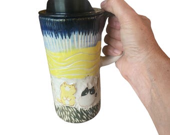 Handmade Sgrafittto-  Playful Cats Coffee Cup - Travel Mug - Pottery Mug -  Coffee Mug