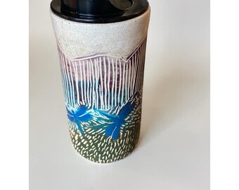 Handcrafted Porcelain Dragonfly Travel Mug: Carved Stoneware Coffee Cup for Commuters
