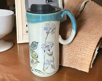 Large Travel Mug with Locking Lid Painted with Birds and Flowers - Stylish and Secure Pottery for Your On-the-Go Adventures