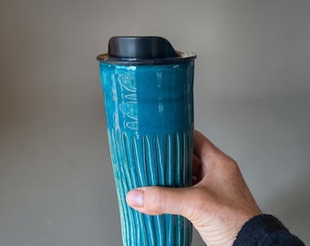 Handmade 18 Ounce  Turquoise Travel Mug- Pottery Mug -  Coffee Mug