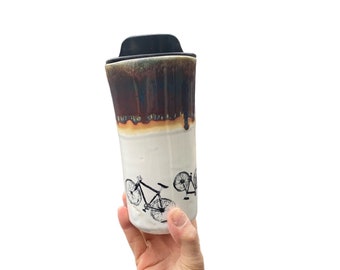 Large Bike Travel Mug - Pottery Mug -  Coffee Mug - To Go Cup