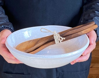 Contemporary White Stoneware Salad or Pasta Bowl with Handmade Olive Wood Serving Set