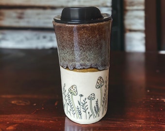 Handmade 16-Ounce Travel Mug with Locking Lid - Whimsically Embellished with Mushrooms for a Unique On-the-Go Experience