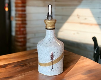 Speckled White Oil Bottle with Douglass Fir Tree Art and Wooden Pour Spout - A Stunning Fusion of Elegance and Functionality