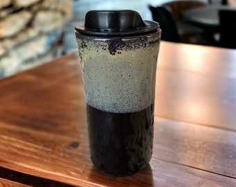 Handmade 16-Ounce Reactive Gray and Black Glaze Travel Mug - Stylish Pottery with Sleeve for Your On-the-Go Coffee Delight