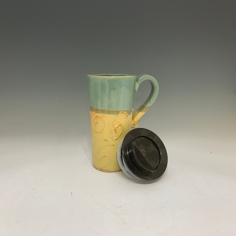 Travel Coffee Mug Sage and Gold Handmade Travel Mug With Lid Pottery Mug Commuter Pottery Mug Travel Coffee Cup