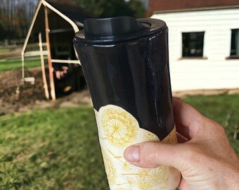 Handmade 16-Ounce Travel Mug In Gloss Black Glazes - Embellished With Dandelions - Locking Lid Included