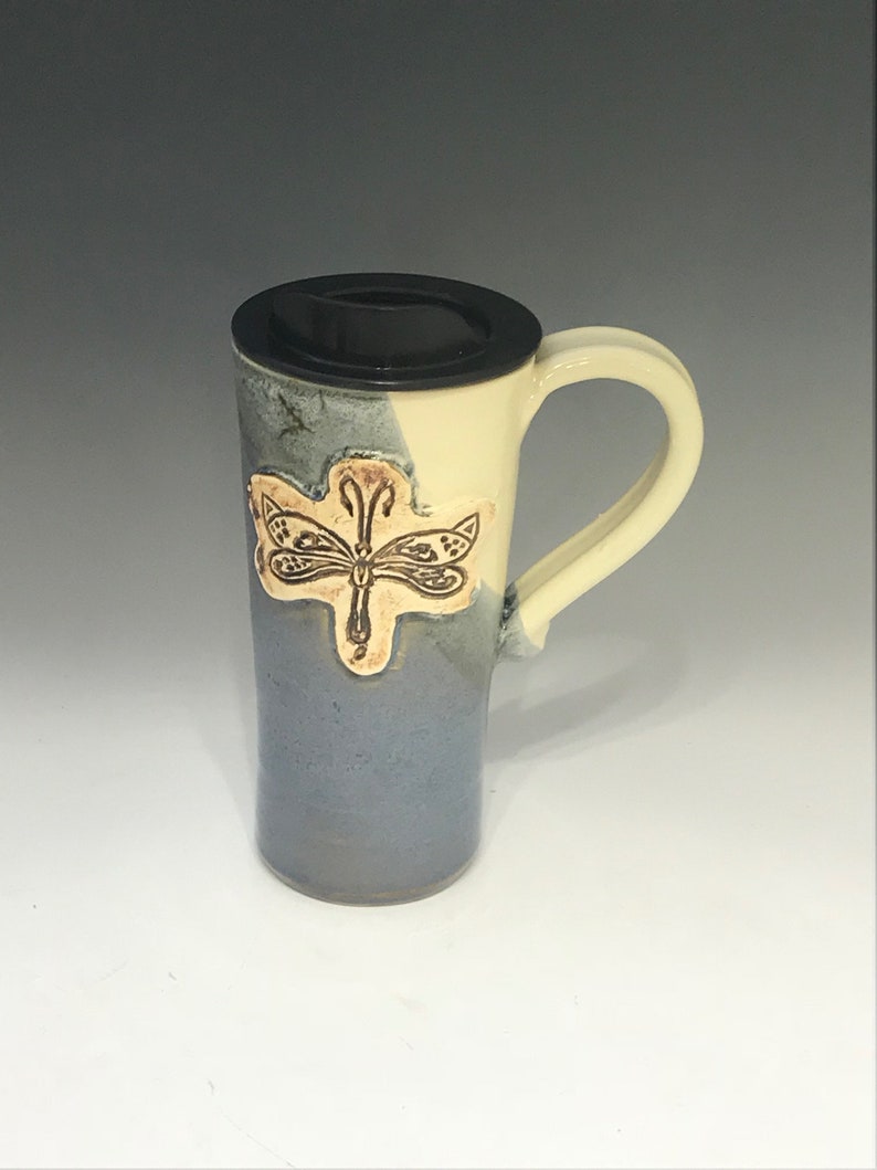 Travel Ceramic Mug Dragonfly Oversized Handmade Pottery 1FlJcK
