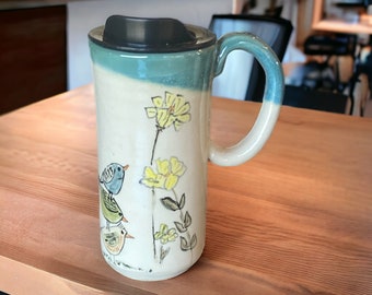 Large Travel Mug with Locking Lid Painted with Birds and Flowers - Stylish and Secure Pottery for Your On-the-Go Adventures