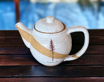 Handmade 6-Ounce Speckled Stoneware Teapot - Glazed in Bright White with Douglass Fir Tree Art - Artistic Elegance for Your Tea Ritual