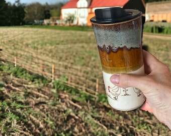 Handmade Hand PaintedTravel Mug-  Chickens - Travel Mug - Pottery Mug -  Coffee Mug