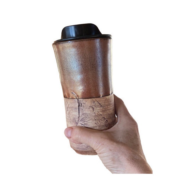 Herb-Themed Handmade Pottery Travel Mug with Locking Lid - Ceramic To-Go Coffee Cup for Secure and Natural Enjoyment on the Move