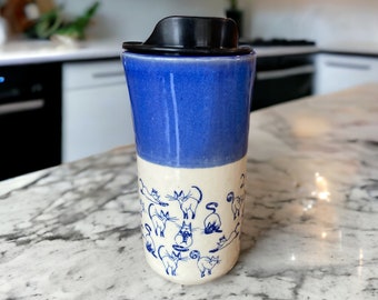 Handmade 16-Ounce Travel Mug Embellished with Playful Cats - Stylish Pottery Mug for Your Coffee Adventures. Includes Locking Lid.