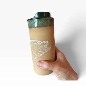 Bass Travel Mug with Lid, 20 oz Handmade Pottery Coffee Mug, Fishing Gift for Fisherman, Ceramic To-Go Cup