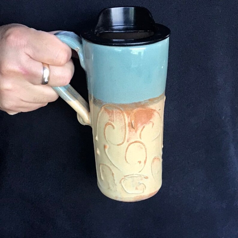 Travel Coffee Mug Sage and Gold Handmade Travel Mug With Lid Pottery Mug Commuter Pottery Mug Travel Coffee Cup