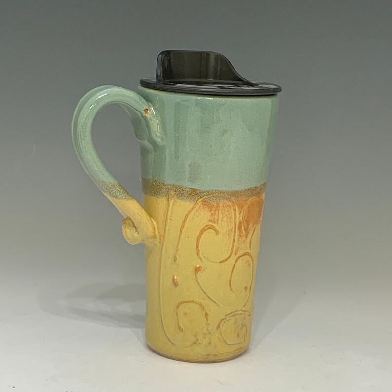 Travel Coffee Mug Sage and Gold Handmade Travel Mug With Lid Pottery Mug Commuter Pottery Mug Travel Coffee Cup